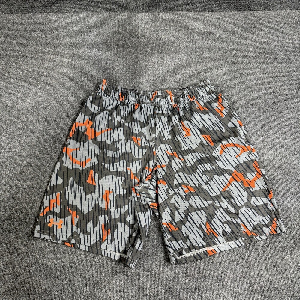 Under Armour Mens Large Loose Camo Shorts Gray Orange Athletic Training Gym